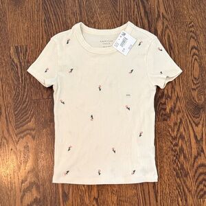 American Eagle Outfitters Yellow Short-Sleeve Ribbed Tee with Pink Flower Motif